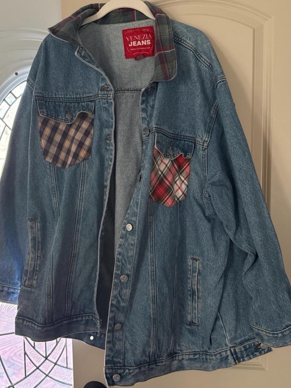 Blue Denim Jacket with Plaid Pocket Accents